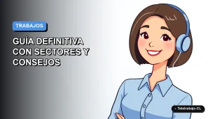 Ilustración vectorial plana de una mujer joven profesional con blusa azul y pelo corto, sonriendo, sobre un fondo degradado azul y blanco. Representa la búsqueda de empleo de temporada en Chile.