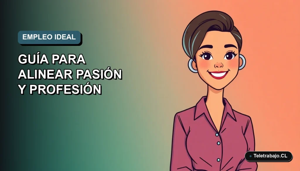 Ilustración plana de mujer profesional chilena sonriente, con fondo degradado azul y verde, representando la búsqueda del trabajo ideal.