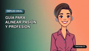 Ilustración plana de mujer profesional chilena sonriente, con fondo degradado azul y verde, representando la búsqueda del trabajo ideal.