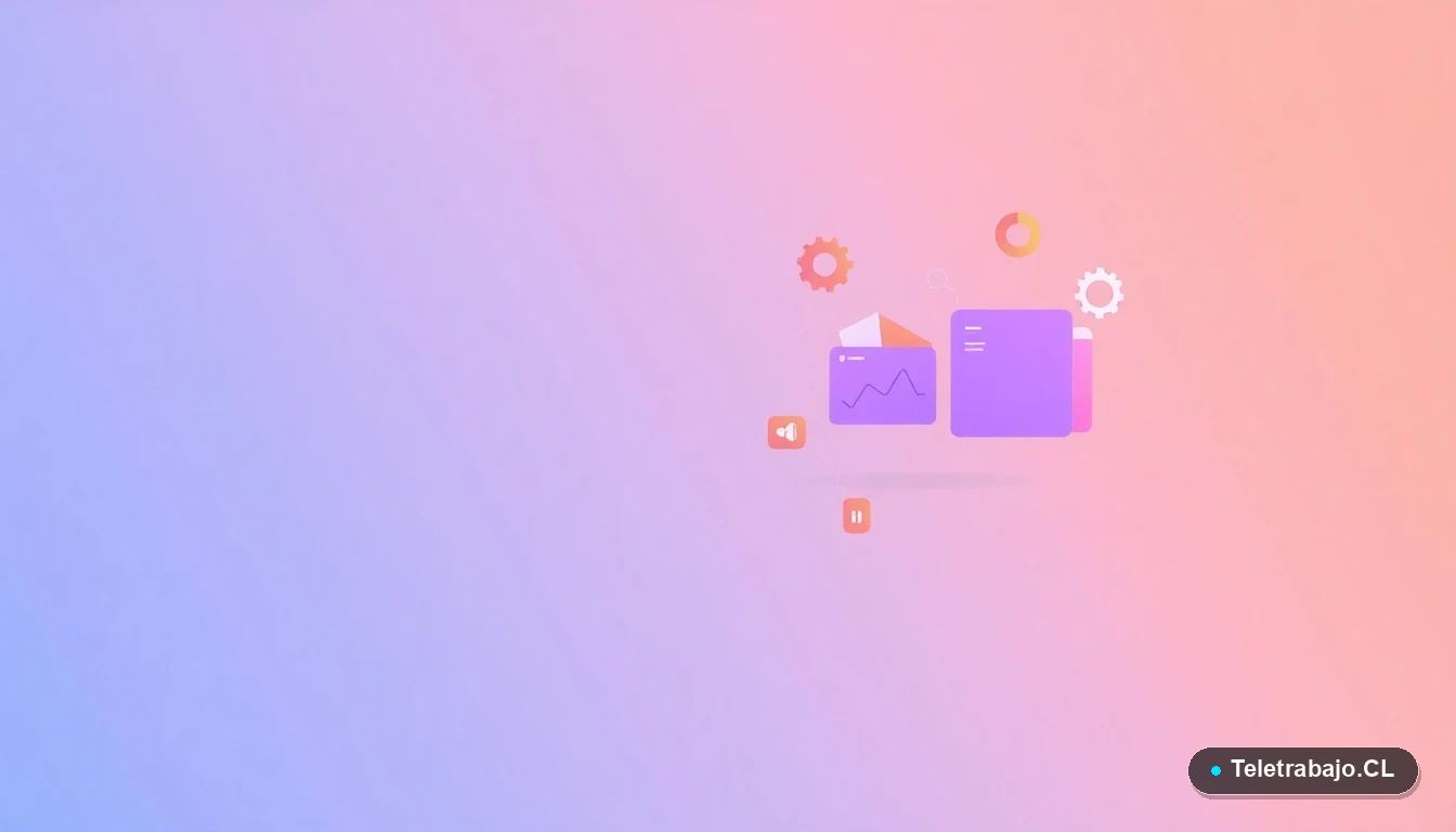 Composición abstracta de elementos de tecnología moderna, con gráficos y carpetas flotantes en colores lavanda y durazno, sobre fondo degradado.