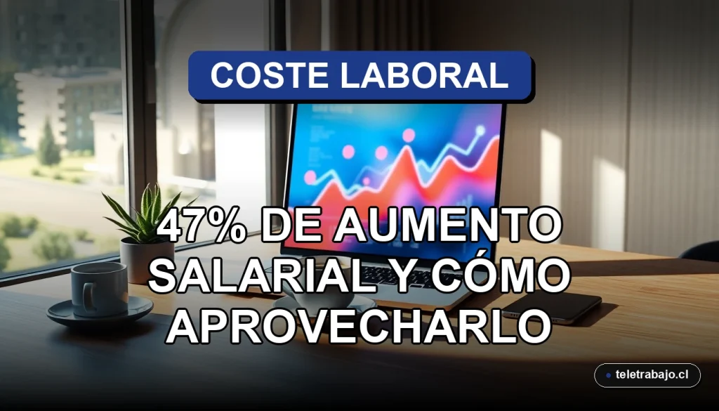 Gráfico abstracto de aumento salarial del 47% en pantalla de laptop en oficina moderna