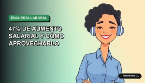 Ilustración plana corporativa de una mujer profesional de teletrabajo con blusa azul, sobre fondo degradado verde y azul, representando el aumento salarial de la encuesta de coste laboral.