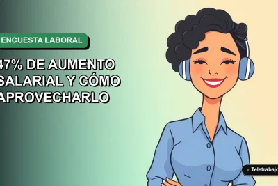 Ilustración plana corporativa de una mujer profesional de teletrabajo con blusa azul, sobre fondo degradado verde y azul, representando el aumento salarial de la encuesta de coste laboral.