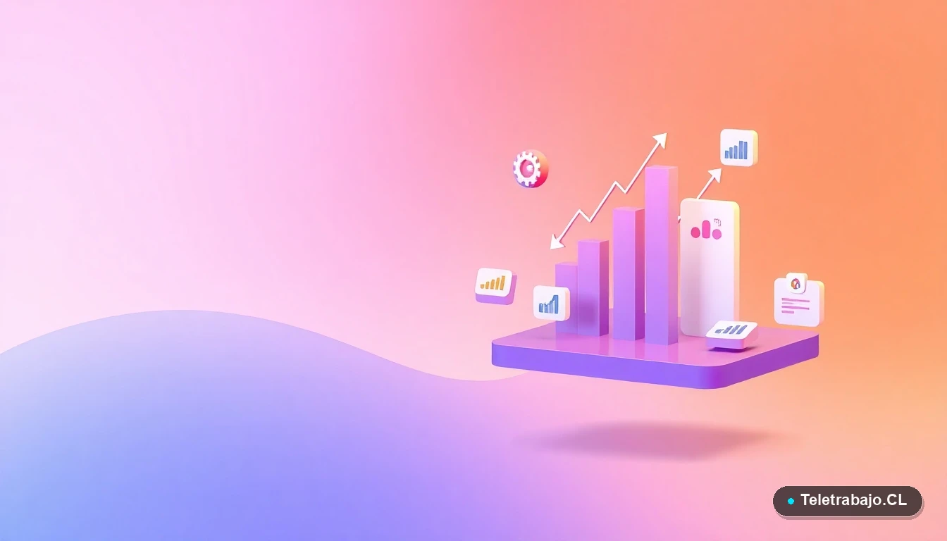 Composición abstracta de interfaz de usuario tecnológica con gráficos flotantes y engranajes, sobre fondo degradado lila y durazno, simbolizando el análisis de datos de la encuesta laboral.