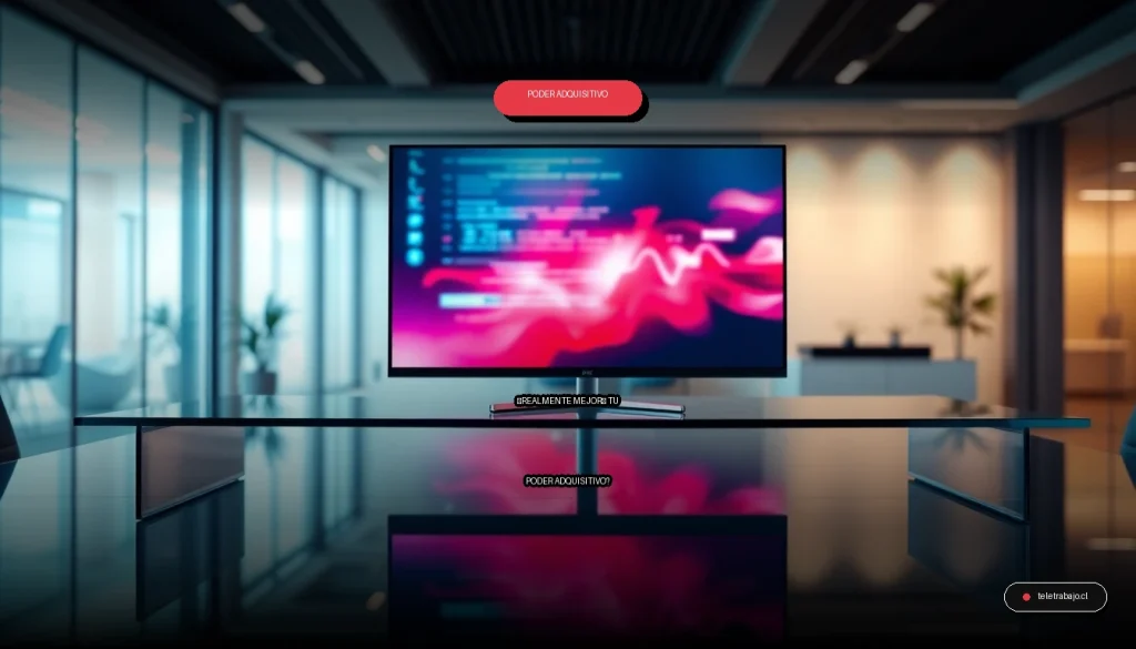 Gráfico abstracto de colores en una pantalla de ordenador sobre un escritorio moderno, representando datos de encuesta laboral y coste de vida.