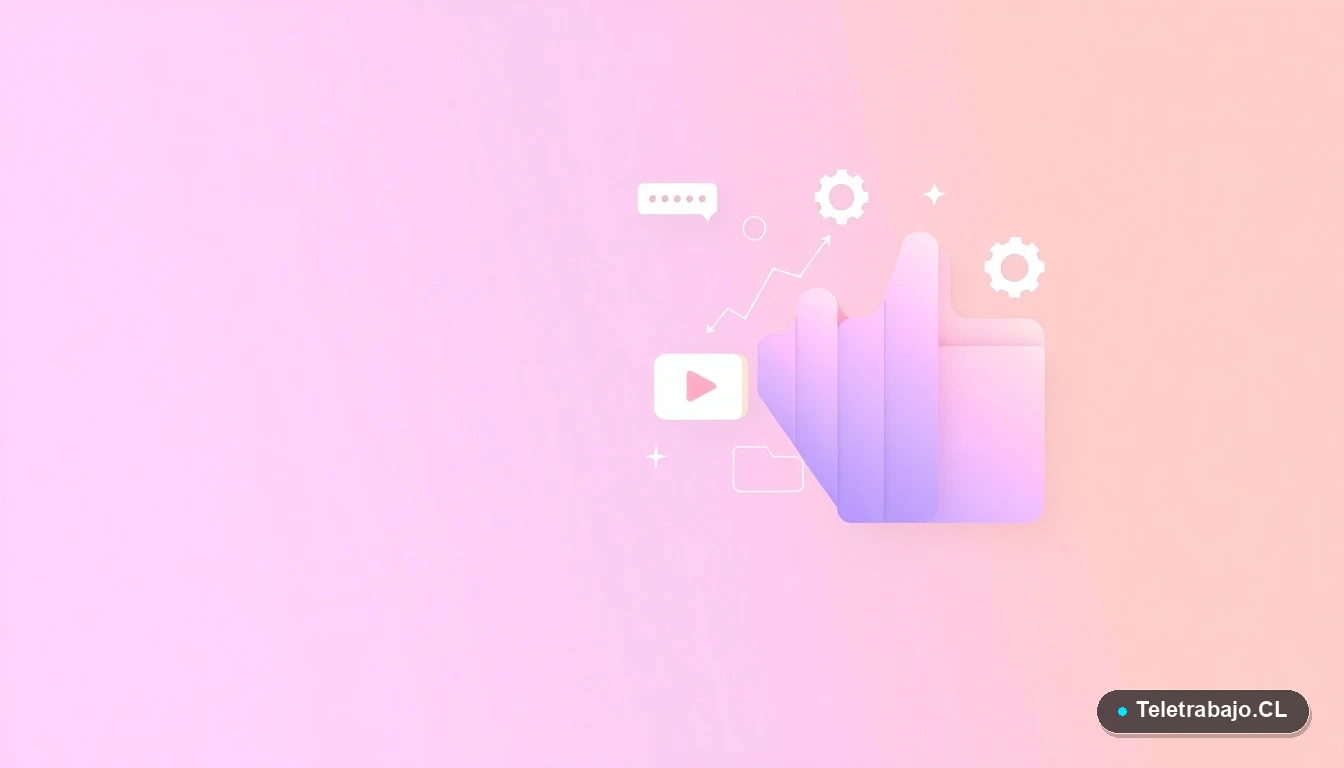 Composición abstracta de interfaz de usuario con gráficos flotantes y iconos de engranajes, representando datos de empleo y teletrabajo.