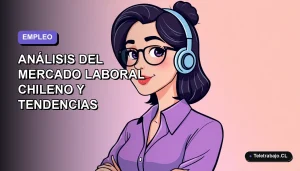 Ilustración vectorial plana de mujer profesional chilena trabajando de forma remota, con fondo degradado lila. Análisis de la Encuesta Nacional de Empleo 2026.