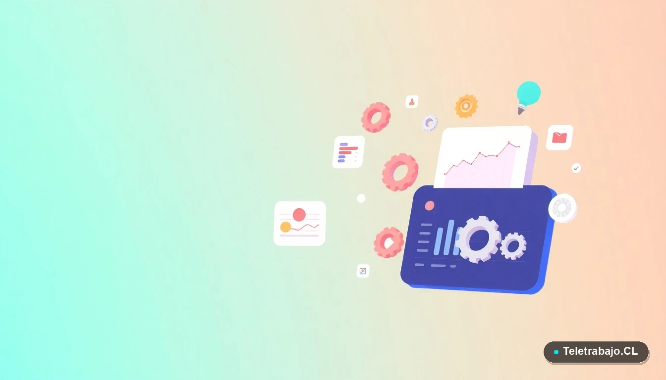 Composición abstracta de interfaz de usuario con gráficos y iconos flotantes, representando datos y tecnología, con fondo degradado verde azulado.