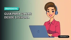 Ilustración plana de mujer profesional enseñando español online desde su computador portátil, fondo con gradiente suave de color aguamarina.
