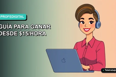 Ilustración plana de mujer profesional enseñando español online desde su computador portátil, fondo con gradiente suave de color aguamarina.