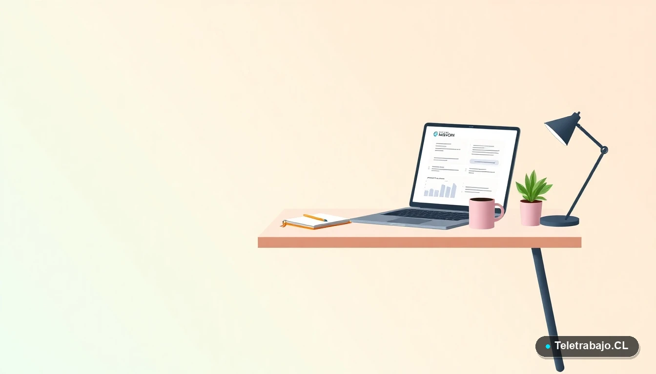 Escritorio moderno minimalista con laptop, cuaderno, planta y taza de café listo para enseñar español de forma remota, fondo degradado color menta.