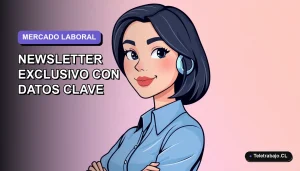 Ilustración plana corporativa de una mujer profesional chilena con blusa azul y corte de pelo bob, sobre fondo degradado lavanda, representando el análisis del mercado laboral futuro.
