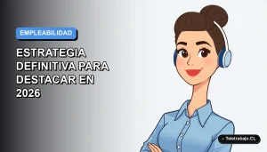 Ilustración vectorial plana de una mujer profesional chilena con blusa azul y pelo recogido, sobre fondo degradado azul y gris, representando la entrega de currículum en persona.