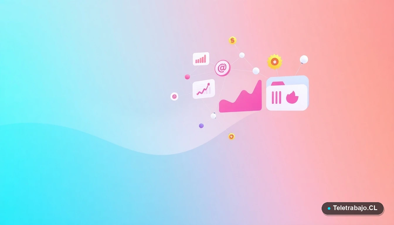 Ilustración abstracta de interfaz de usuario tecnológica con gráficos y iconos flotantes, sobre un fondo degradado de menta a verde azulado.