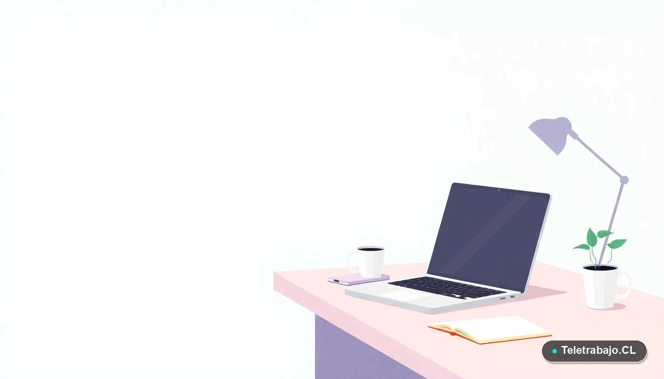 Escritorio moderno minimalista con laptop, cuaderno, taza de café y planta suculenta, ilustración plana sobre fondo degradado verde menta, concepto de espacio de trabajo remoto.