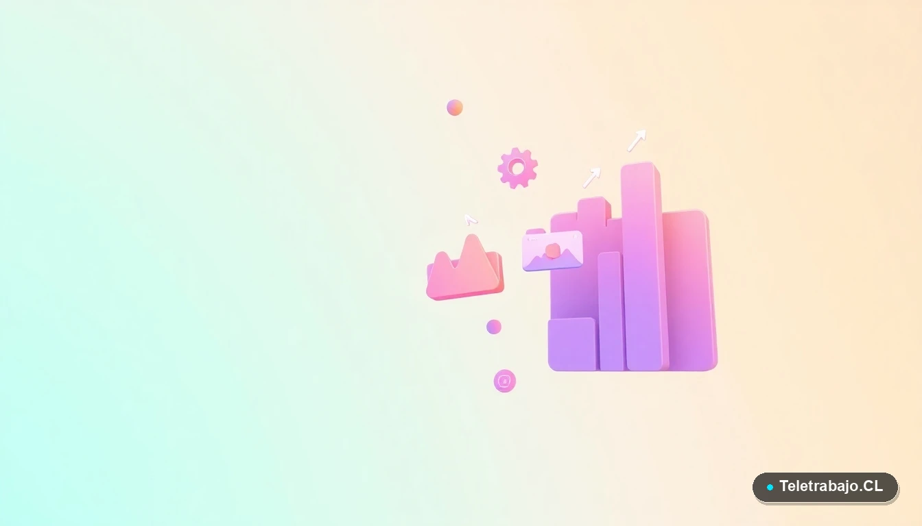 Composición abstracta de interfaz de usuario con gráficos flotantes y engranajes en colores lavanda y durazno, sobre fondo degradado verde menta. Estilo vectorial plano corporativo.