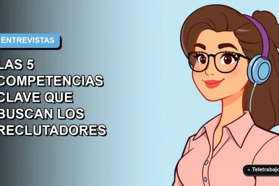 Ilustración plana corporativa de una mujer profesional chilena en teletrabajo, con fondo degradado azul, para artículo sobre las competencias más buscadas en entrevistas laborales para 2026.