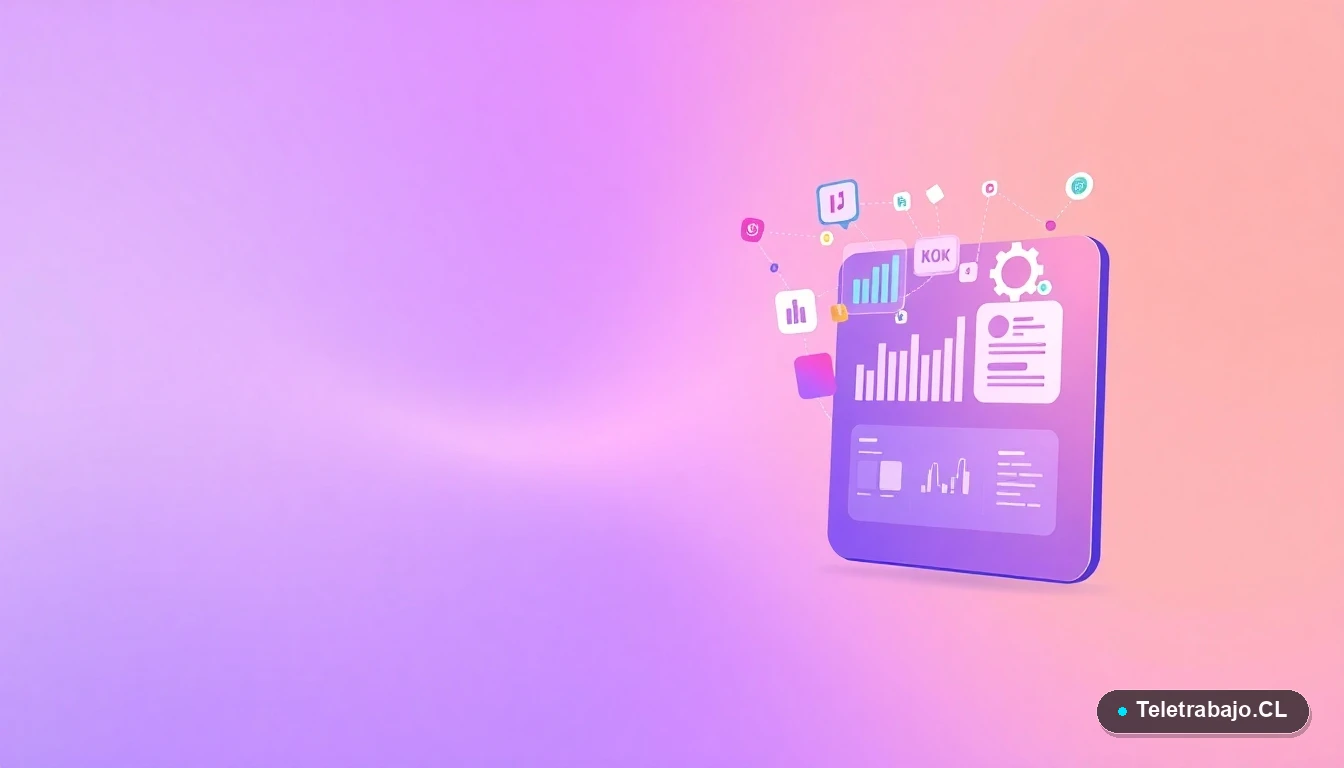 Elementos de interfaz de usuario abstractos y modernos, como gráficos y engranajes flotantes, con fondo degradado lila, representando habilidades tecnológicas para el futuro laboral.