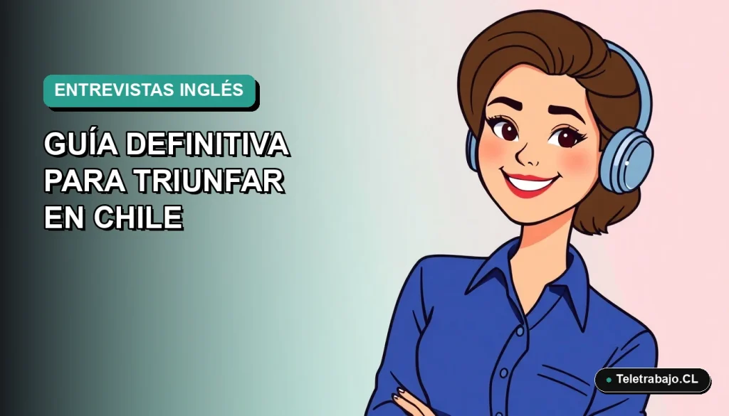 Ilustración plana corporativa de una mujer profesional chilena sonriente, con blusa azul, en fondo degradado verde agua, para guía de entrevistas laborales en inglés.