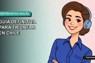 Ilustración plana corporativa de una mujer profesional chilena sonriente, con blusa azul, en fondo degradado verde agua, para guía de entrevistas laborales en inglés.