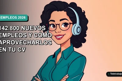 Ilustración plana vectorial de una mujer profesional de teletrabajo sonriendo, con fondo degradado azul verdoso. Representa las nuevas oportunidades laborales de la EPA para 2026.