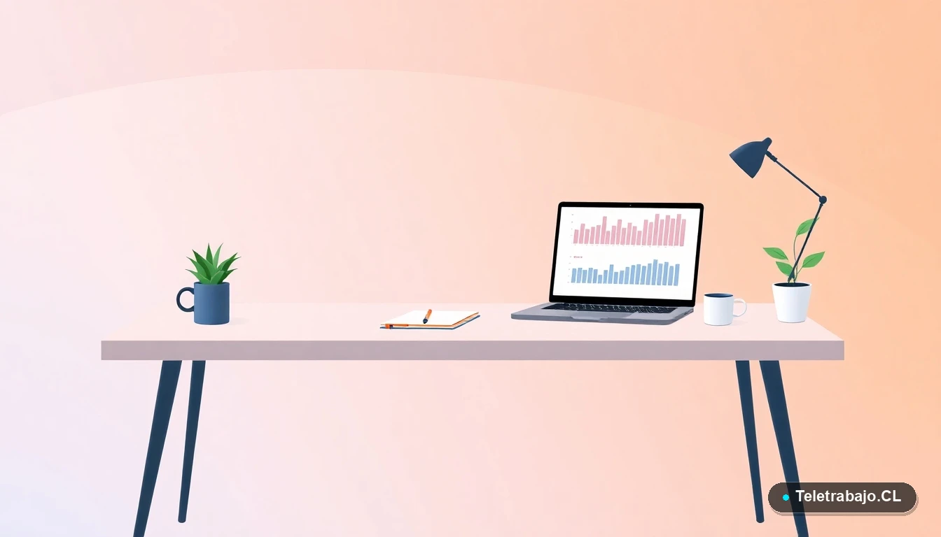 Escritorio moderno minimalista para teletrabajo con laptop, taza de café y planta, sobre fondo degradado lila. Concepto de espacio de trabajo preparado para las nuevas profesiones.