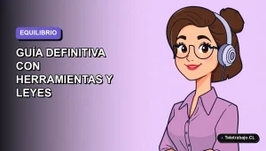 Ilustración plana corporativa de una mujer profesional chilena trabajando remotamente con fondo degradado suave, representando el equilibrio laboral.