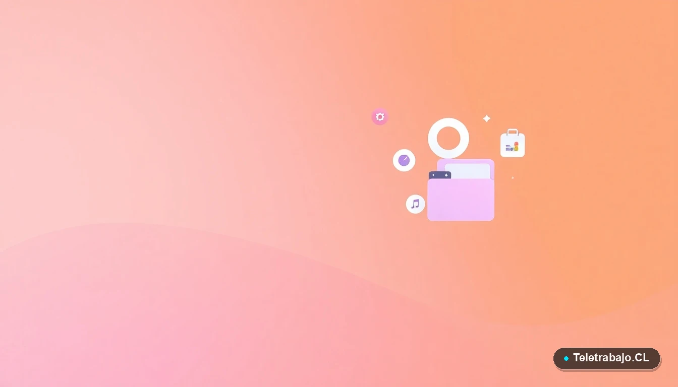 Elementos de interfaz de usuario abstractos y modernos, como gráficos y engranajes flotantes, sobre fondo degradado melocotón, representando herramientas digitales para el teletrabajo.