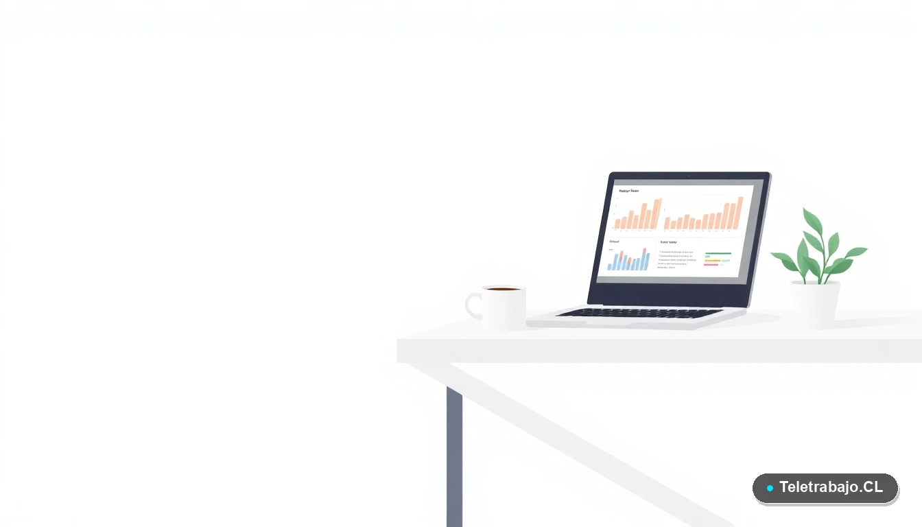 Escritorio moderno minimalista para teletrabajo con laptop, taza de café y planta suculenta, ilustración vectorial plana sobre fondo degradado verde menta, concepto de home office en Chile.