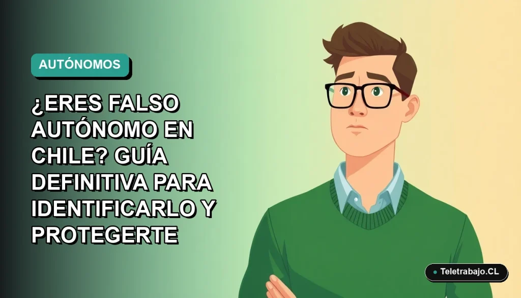 Ilustración vectorial plana de un trabajador masculino con suéter verde mirando con preocupación a la izquierda, sobre fondo degradado azul verdoso. Concepto de falso autónomo en Chile.