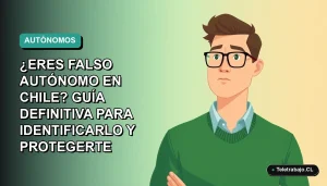 Ilustración vectorial plana de un trabajador masculino con suéter verde mirando con preocupación a la izquierda, sobre fondo degradado azul verdoso. Concepto de falso autónomo en Chile.