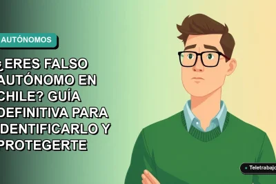 Ilustración vectorial plana de un trabajador masculino con suéter verde mirando con preocupación a la izquierda, sobre fondo degradado azul verdoso. Concepto de falso autónomo en Chile.