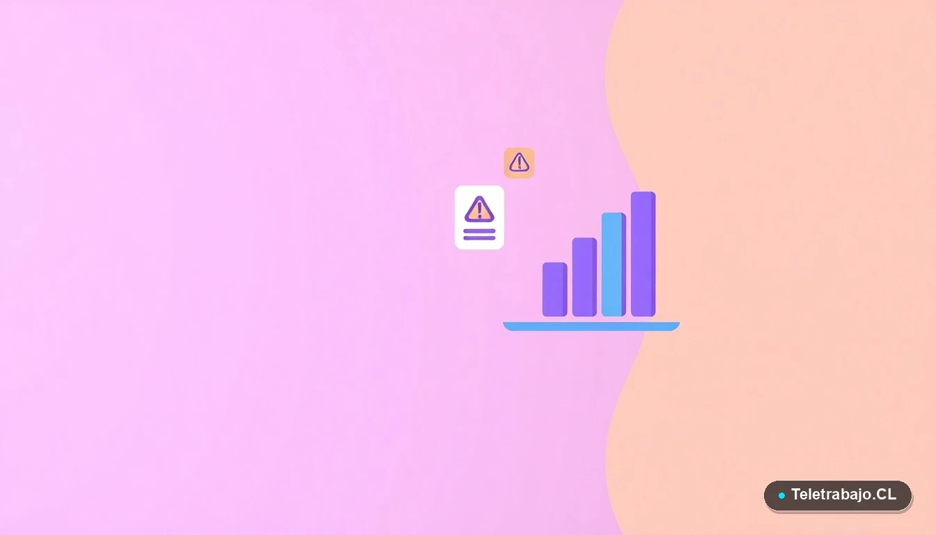 Iconos y gráficos vectoriales abstractos flotantes que representan análisis legal, documentos y equilibrio, sobre fondo degradado lila y durazno. Concepto de evaluación de relación laboral en Chile.