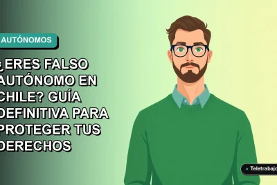Ilustración vectorial plana de un trabajador masculino con suéter verde, representando a un falso autónomo en Chile, sobre fondo degradado azul verdoso.