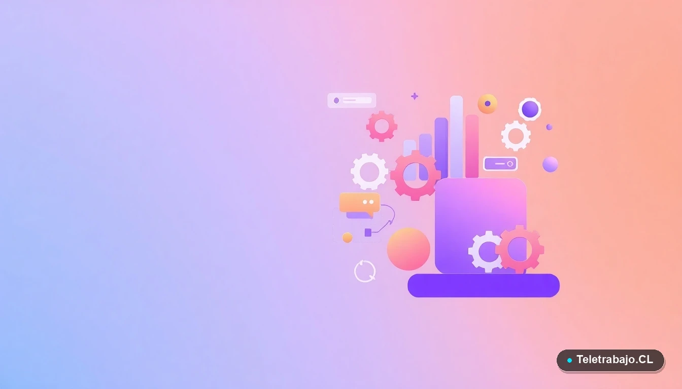 Composición abstracta de interfaz de usuario con gráficos y engranajes, concepto de derechos laborales digitales, ilustración plana sobre fondo degradado.