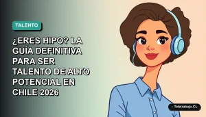 Ilustración plana corporativa de una mujer profesional chilena con blusa azul, representando talento de alto potencial en un entorno de trabajo moderno y minimalista.