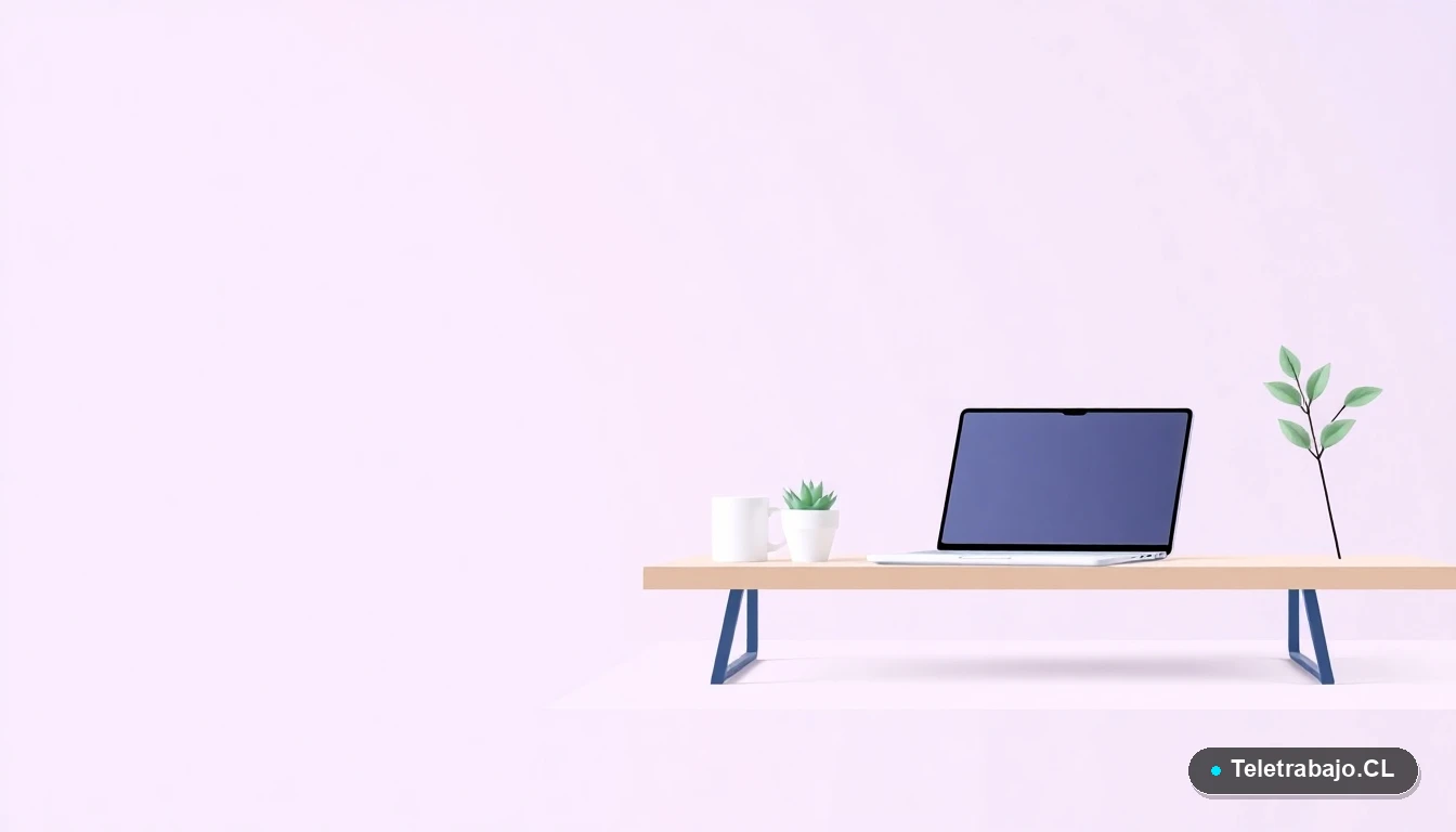 Escritorio moderno minimalista con laptop, taza de café y planta, sobre fondo gradiente lavanda, representando el entorno de trabajo ideal para profesionales de alto potencial.