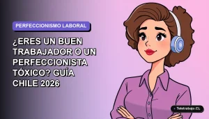 Ilustración plana vectorial de una mujer profesional chilena con expresión pensativa, sobre fondo degradado lavanda y azul, concepto de perfeccionismo en el trabajo.