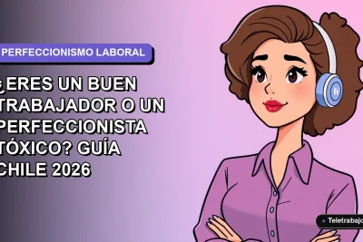 Ilustración plana vectorial de una mujer profesional chilena con expresión pensativa, sobre fondo degradado lavanda y azul, concepto de perfeccionismo en el trabajo.