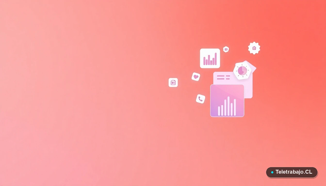 Elementos de interfaz de usuario abstractos y minimalistas, gráficos y engranajes flotantes sobre fondo degradado melocotón, representando conceptos de productividad y procesos.