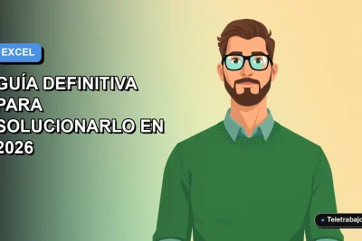 Ilustración vectorial plana de un trabajador remoto masculino de estilo Corporate Memphis, con suéter verde, frente a un fondo degradado azul, representando la solución de errores de Excel.