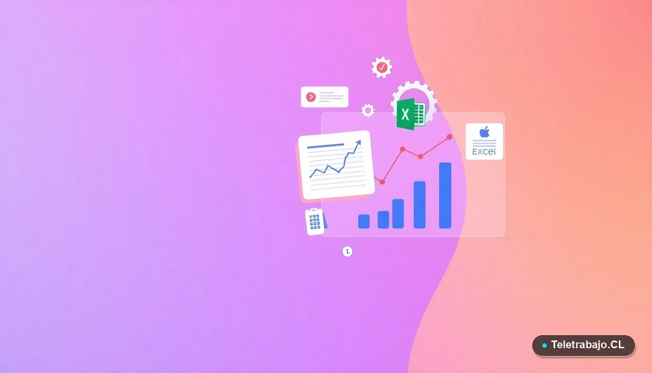 Interfaz de usuario abstracta con gráficos flotantes, engranajes y carpetas estilizadas en tonos lavanda y durazno, representando la solución técnica de errores en Excel.