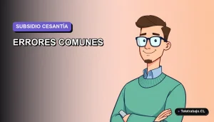 Ilustración vectorial plana corporativa de un trabajador masculino con camisa azul y suéter verde, sobre fondo degradado lavanda, representando errores al postular al subsidio de cesantía en Chile.