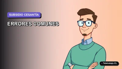 Ilustración vectorial plana corporativa de un trabajador masculino con camisa azul y suéter verde, sobre fondo degradado lavanda, representando errores al postular al subsidio de cesantía en Chile.