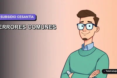 Ilustración vectorial plana corporativa de un trabajador masculino con camisa azul y suéter verde, sobre fondo degradado lavanda, representando errores al postular al subsidio de cesantía en Chile.