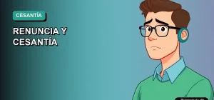 Ilustración vectorial plana y moderna de un trabajador masculino de teletrabajo con expresión de preocupación, sobre un fondo degradado azul verdoso. Concepto de renuncia y seguro de cesantía en Chile.