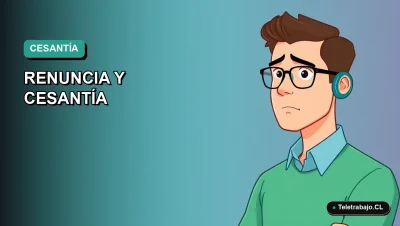 Ilustración vectorial plana y moderna de un trabajador masculino de teletrabajo con expresión de preocupación, sobre un fondo degradado azul verdoso. Concepto de renuncia y seguro de cesantía en Chile.
