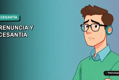 Ilustración vectorial plana y moderna de un trabajador masculino de teletrabajo con expresión de preocupación, sobre un fondo degradado azul verdoso. Concepto de renuncia y seguro de cesantía en Chile.