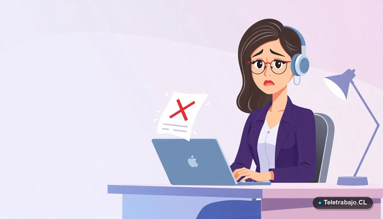 Mujer en teletrabajo revisando documento con error, preocupada por su seguro de cesantía en Chile.