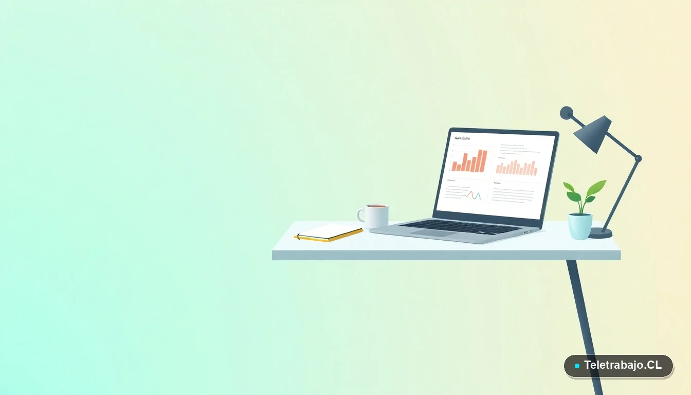 Escritorio moderno minimalista para teletrabajo con laptop, taza de café y planta, ilustración plana sobre fondo degradado verde menta.